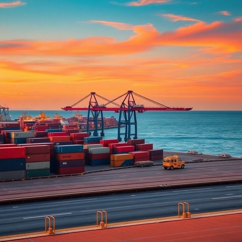 Contenedores y grúas en el puerto de Valencia al atardecer